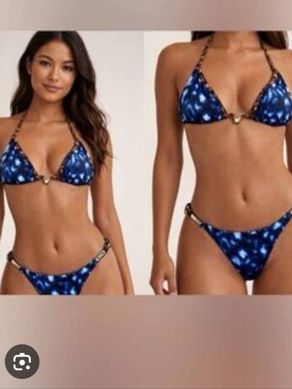BCBGMaxAzria Swim Ink Blue & Brown Print Triangle 2 Piece Gold Accents Bikini-M